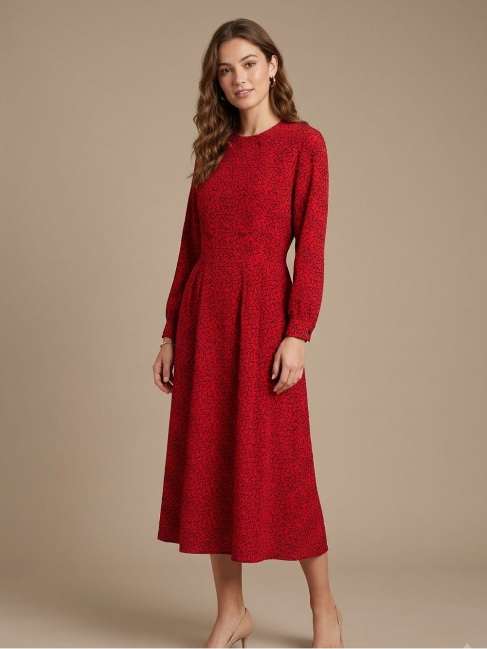 Barrie pace Red Printed Long Sleeve Midi‎ Dress  Vintage